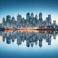 A stunning reflection of a cityscape in the water.