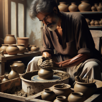 A traditional craftsman working on a piece of pottery.