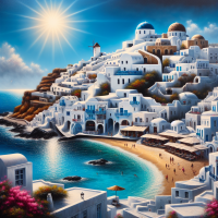 An ultra-realistic view of Mykonos, Greece, showcasing stunning whitewashed buildings with traditional blue round roofs, perched on a cliffside by the sparkling turquoise waters. The sun is shining brightly, creating a vibrant contrast between the bright blue sky and the pristine white buildings. The buildings are arranged along narrow winding streets, with flowering bougainvillea in vibrant pink adding pops of color. The beach below is pristine, with soft golden sand and clear crystal-clear water gently lapping at the shore. The scene is peaceful, with a few luxury yachts in the distance and a few people relaxing on the beach under parasols. The vibrant colors of the buildings, the rich blue of the ocean, and the sunlight create an absolutely breathtaking view that captures the essence of Mykonos in its full beauty.