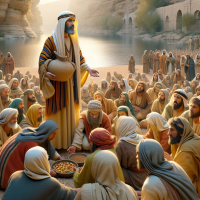 Create a stunning ultra realistic picture of Jesus Christ on the banks of the Jordan River feeding 5,000 people from a little boys life