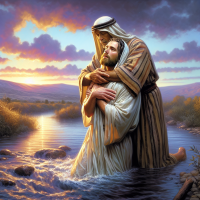 Create a stunning ultra realistic picture of Jesus Christ being baptized in the river of Jordan by John the Baptist 