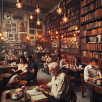 An old fashioned coffee shop with seats and books on bookshelves.  People enjoying, coffee, reading, studying and laughing with friends