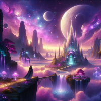 A magical landscape featuring a glowing crystal castle atop a cliff, overlooking a surreal alien world. The sky is vivid with purples, pinks, and blues, filled with twin moons and swirling nebulae. Ethereal waterfalls flow from floating islands, surrounded by glowing plants and vibrant alien flora. A soft mist rises, enhancing the dreamlike atmosphere. In the distance, a robed figure stands on a starlit bridge, adding mystery and wonder.