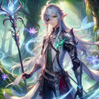 An anime-style elf hero with long silver hair, green eyes, and rune-etched armor, standing in a mystical forest. They hold a glowing magical staff, surrounded by ancient trees, luminous flowers, and floating magical wisps. Soft ethereal light enhances the dreamy, fantastical atmosphere.