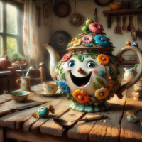 A cheerful teapot with a wide smile and expressive eyes, painted with colorful flowers, sits on a wooden kitchen table. Playful utensils, like a waving spoon and a leaning fork, add charm. Sunlight streams through a window, creating a cozy, whimsical vibe.