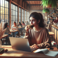 A photorealistic scene of a young woman sitting at a cozy café, sipping a cup of coffee while working on her laptop. Sunlight streams through a large window, illuminating her relaxed expression and the warm tones of the wooden table. The café background is lively, with people chatting, baristas preparing drinks, and soft greenery adding charm. The atmosphere feels inviting and relatable, capturing a slice of everyday life.