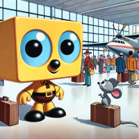 SpongeBob SquarePants talking to a mouse in an airport, 1960s Cartoon